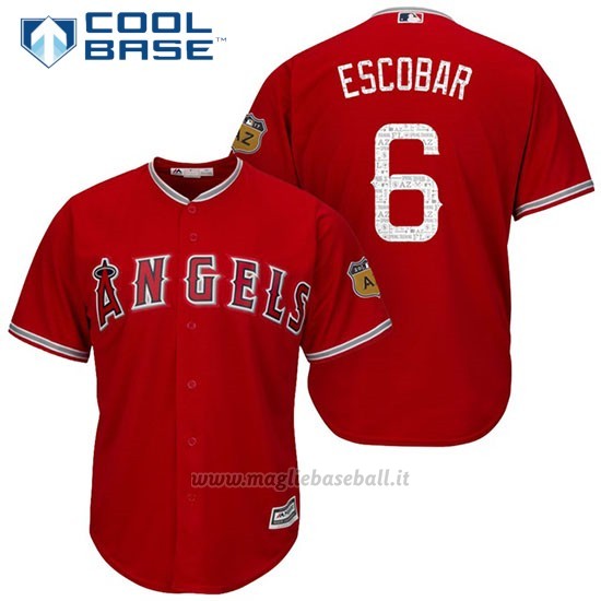 Maglia Baseball Uomo Los Angeles Angels Yunel Escobar 6 Scarlet 2017 Allenamento Primaverile Cool Base Giocatore